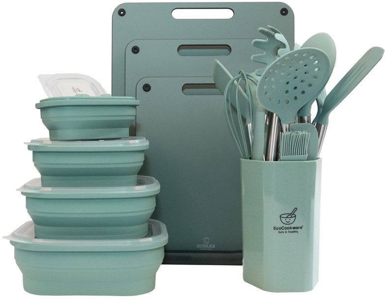 Voordeelset siliconen keukengerei en vershoudbakjes - diepvriesbakjes - snijplanken