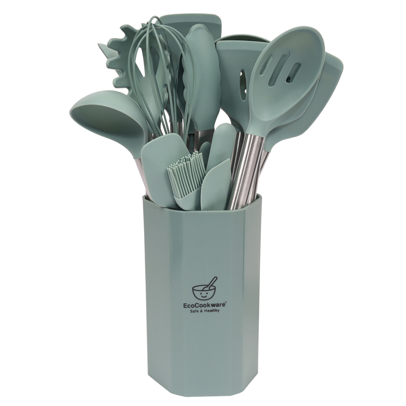 15-delige set siliconen keukengerei in Eucalytus groen