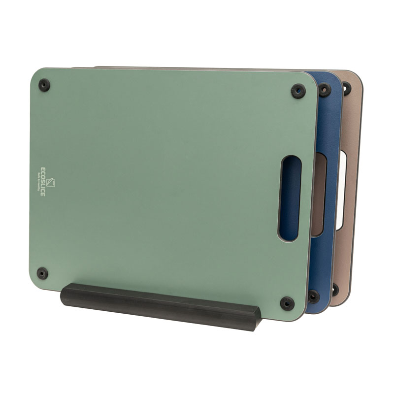EcoSlice snijplanken Tre colori - Set van 3 snij- en serveerplanken in drie kleuren; houtvezel composiet met houder