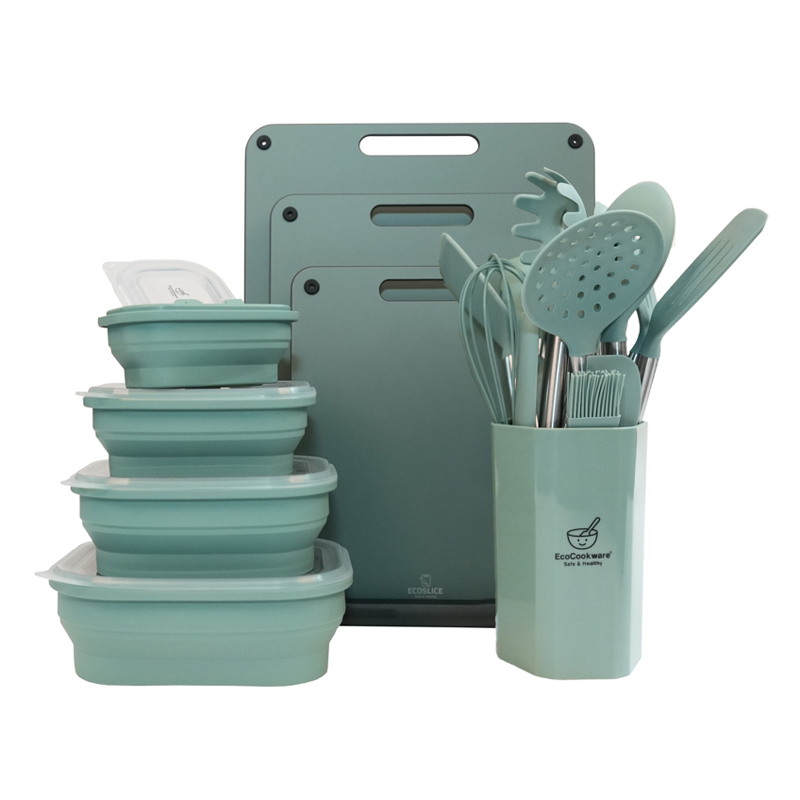 Voordelige keukenset bestaande uit houtvezel composiet snijplanken, siliconen vershoudbakjes en keukengerei