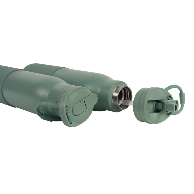 RVS thermo drinkfles met groene coating en rietjesdeksel